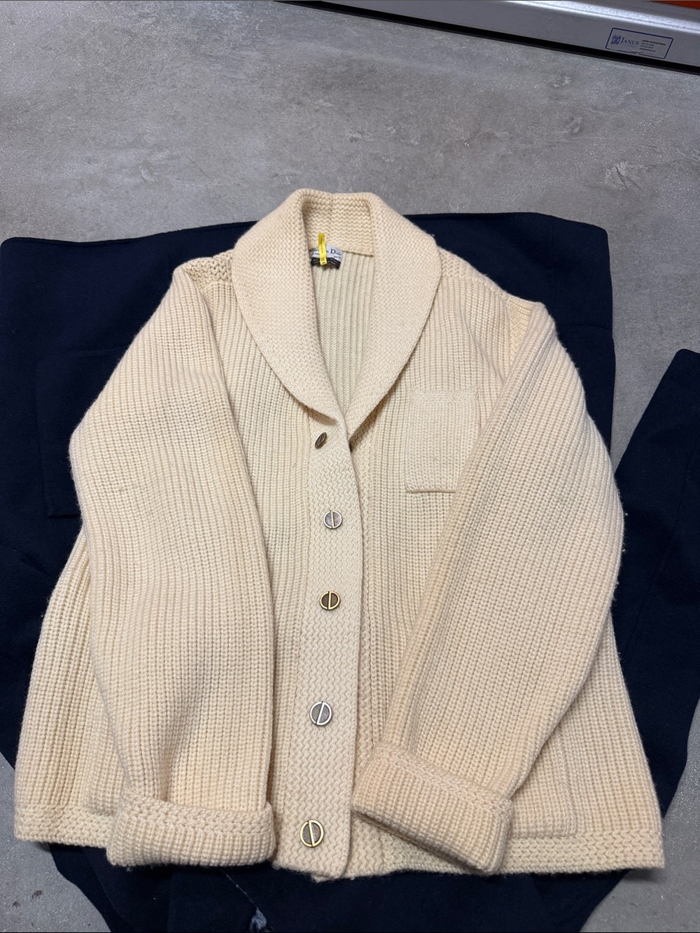 Dior 100% wool Cream Shawl Collar Button-Front Women's Sweater size M fit M-L